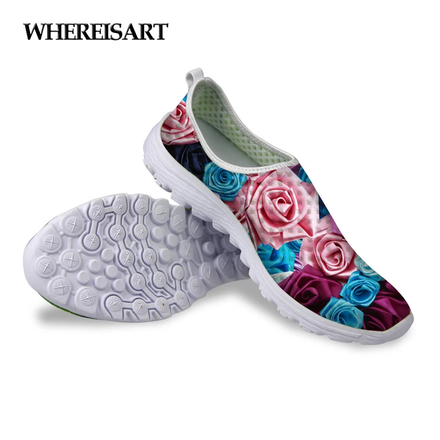 

WHEREISART Summer Popular Women Super Light Mesh Shoes,Flower Pattern Breathable Slip-on Flats Female Casual Beach Water Shoes