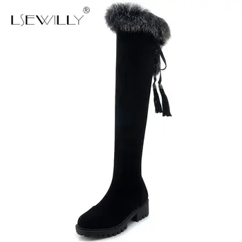 

Lsewilly women over the knee high snow boots thick heel lace up zipper women shoes keep warm winter casual party shoes E180