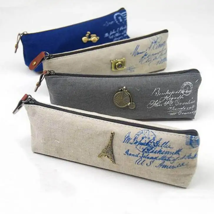 

1PCS/Lot Retro Canvas Stationery Storage Pen Pencil Case Metal Logo Coin Purse Pouch Cosmetic Makeup Bag
