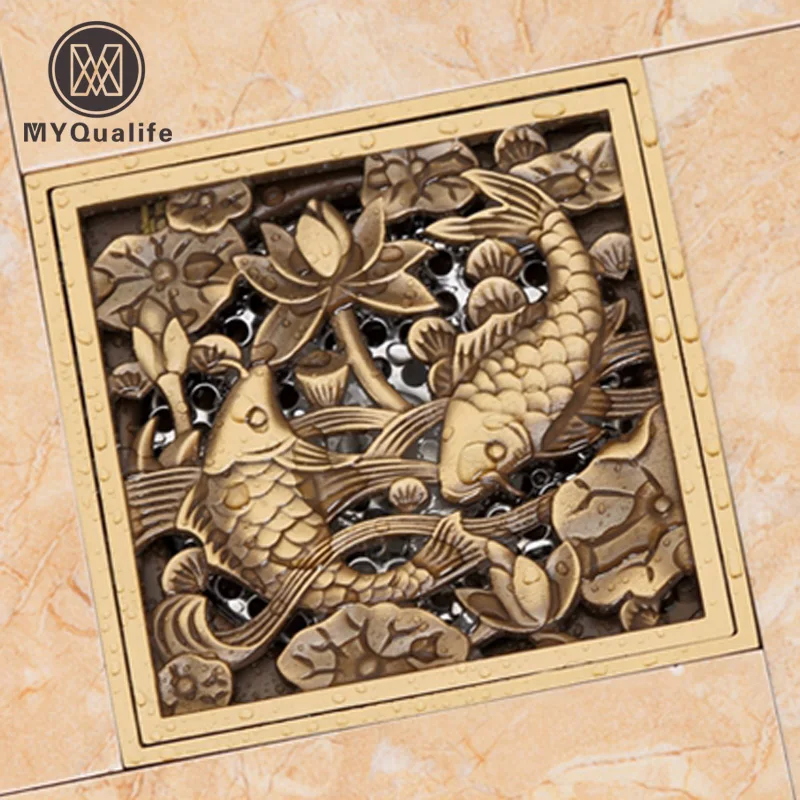 Продажа Душ Стоки 10*10 см квадратный для ванной фильтр волос античная латунь рыба Резные Ванная комната трапных слив сточная решетка