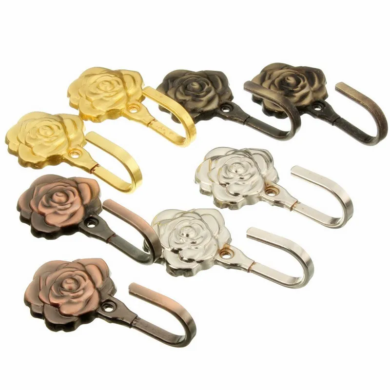 4PCS Rose Flower Curtain Tie Back Metal Tieback Holders Wall Hooks