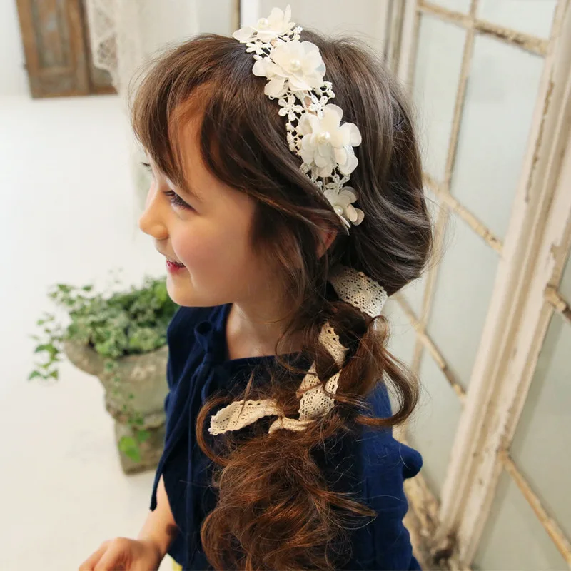 

Lovely Lace Ribbon Flower Crown Pearl Bow Head Band Hair Accessories for Children Grils Embroidery Hair Band Princess Hair Bows