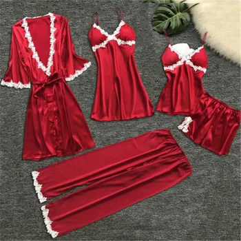 

Women's Sexy Pajamas Five-piece Silk Solid Color Sliding Surface V-neck Strappy Pajamas Casual Thin Lace Stitching Pajamas Set