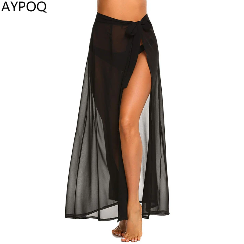 

AYPOQ Bow Bandage Split Skirt Women Summer Chiffon Seaside Holiday Loose Swing Beach Long Maxi Skirts Black White