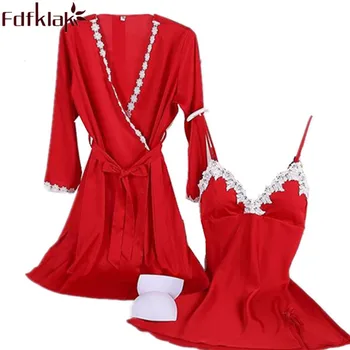 

Fdfklak Women Sexy Lingerie 2017 Sleep & Lounge Spring Summer set Nightgown And Robe Faux Silk Red Nightgown Robe Set Q366
