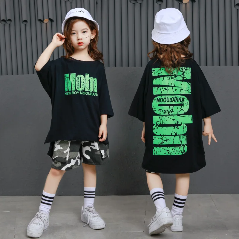 

Kid boy girl Hip Hop costume Clothing loose-fitting black T-shirt camouflage shorts Dance Clothes Ballroom Dancing Streetwear
