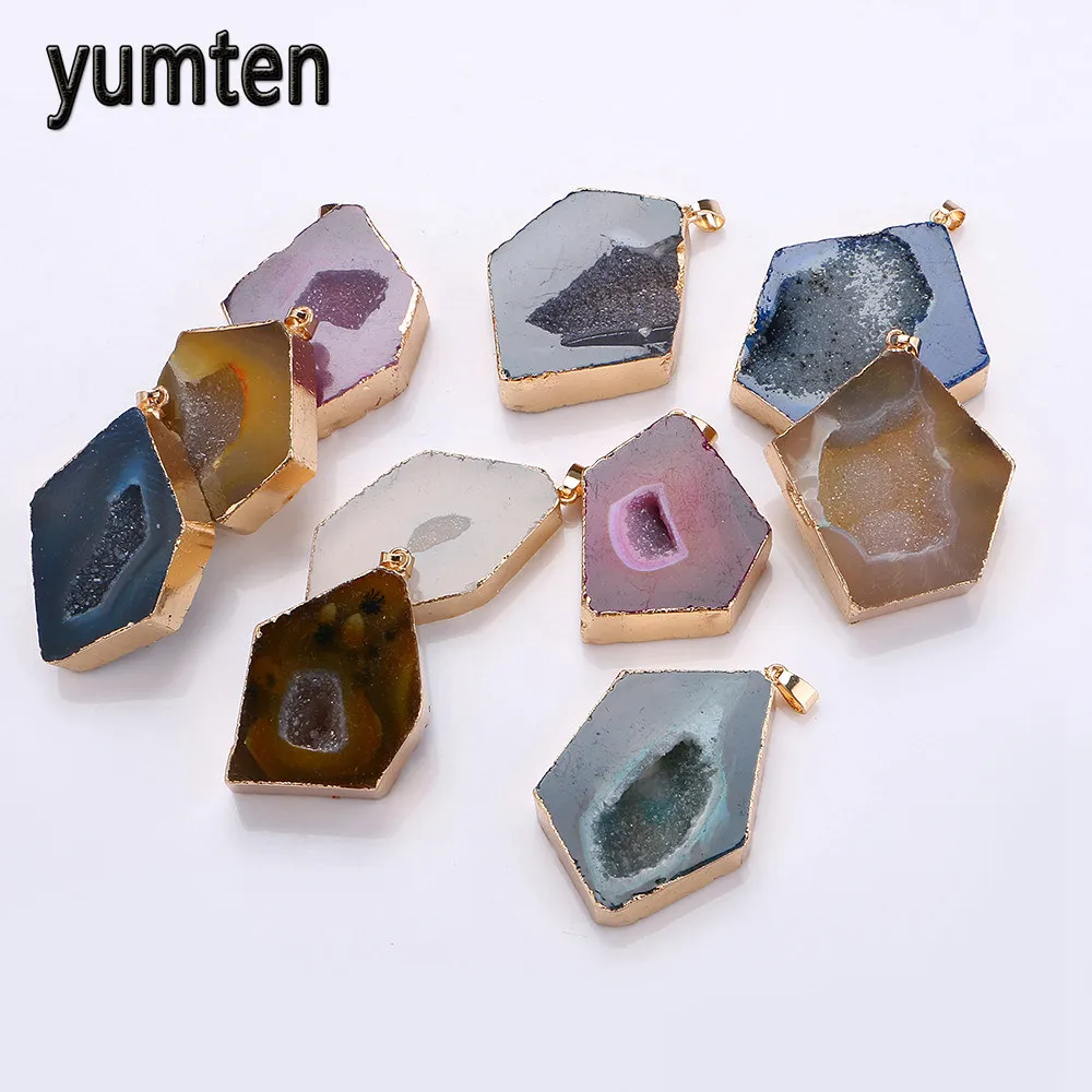

Yumten Agate Pendant Irregular Long Necklace Square Natural Stone Crystal Women Jewelry Men Gem Skyrim Sailor Moon Rainbow Geode