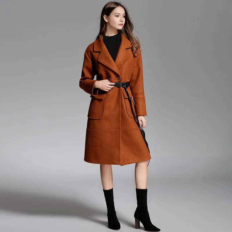 

2018 Autumn Star Style Turn-down Collar Adjustable Waist Double-sided Wool Medium Style All Matched Fashion Outer Garment