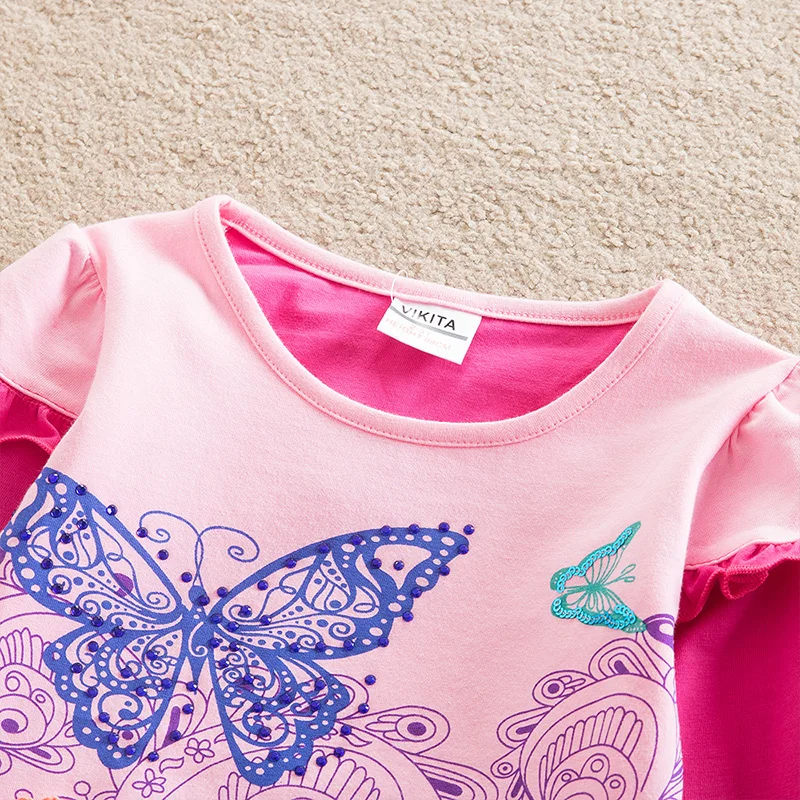 VIKITA, брендовая футболка для девочек детские футболки с длинными рукавами и цветочным принтом рубашки с рисунками животных детские топы, футболки, одежда для детей, G622