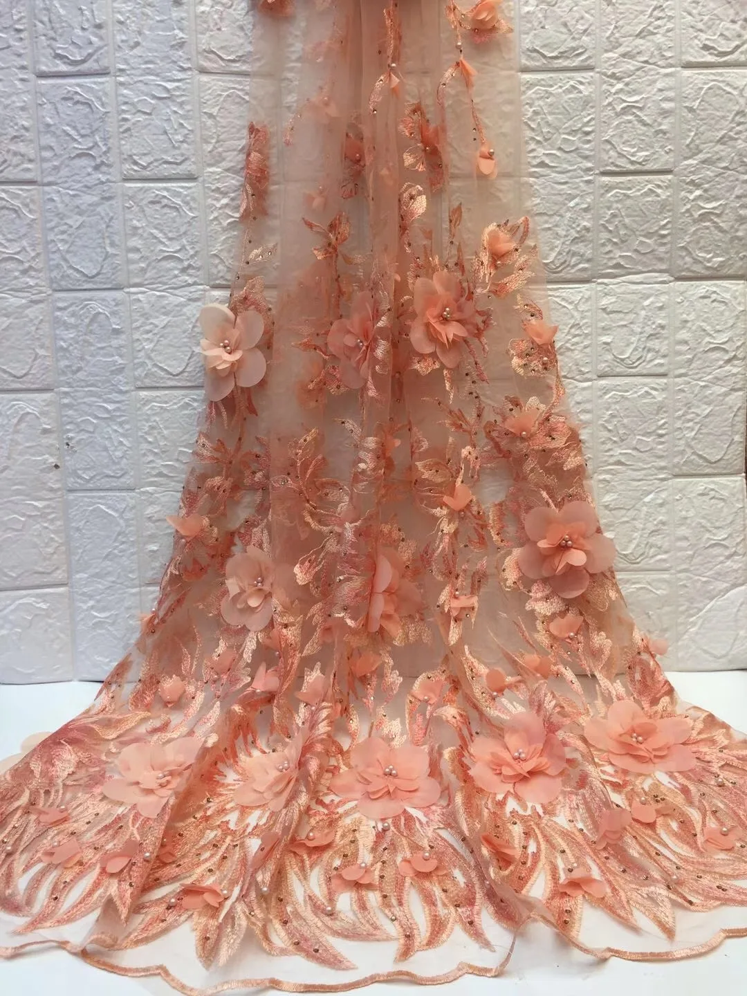 3D Цветочная кружевная ткань для леди, свадебные кружево ткань вышивка материалы. Порошок оранжевый новейшее кружево RF399
