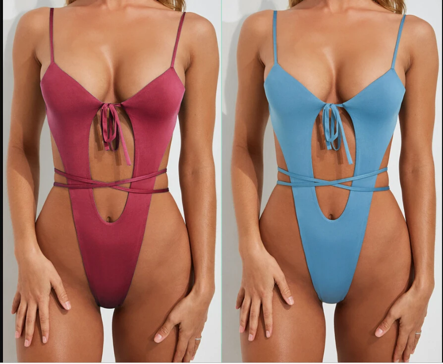 

Women Sexy Halter Neck Sleeveless Lace Up Solid One Piece Bikini Set Sleeveless Swimsuits Sunsuit Clothes