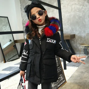 

Fashion Winter Print Heavyweight Long Girls Coat Warm Parkas Children Outfits Cotton Filling Colorful Fur Collar 3-14 Years Old