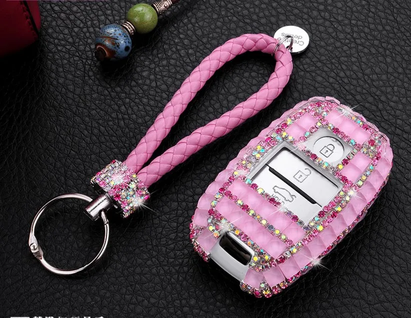 Подарок Роскошные кристаллы Bling Дело Key Holder бумажник для KIA K3 K5 Sorento KX5 Optima KX3 K3S Sportage Carens Smart брелока крышка - Название цвета: Розовый