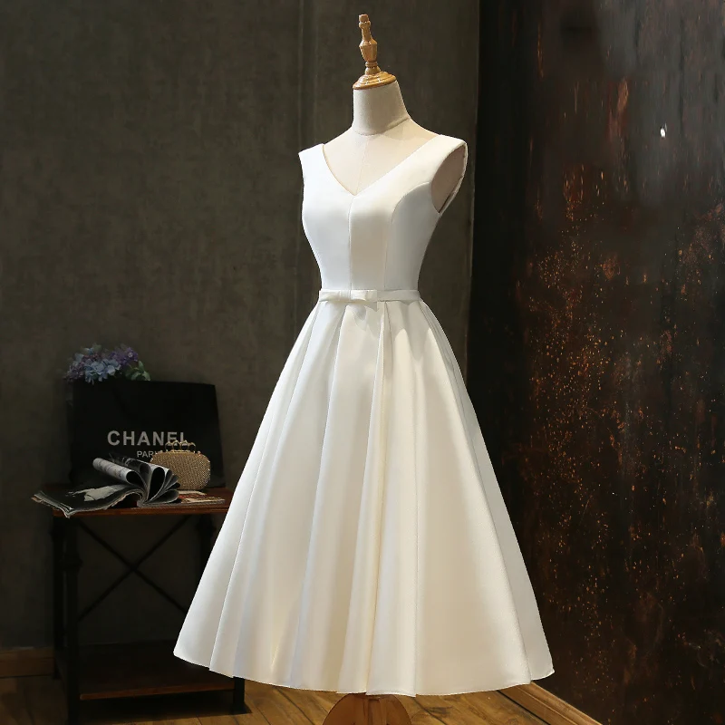 Короткие атласные свадебные платья с v-образным вырезом и бантом длиной до чая, свадебные платья, свадебное пляжное платье, vestido de noiva