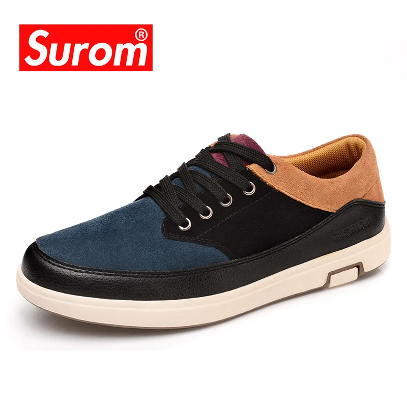 

SUROM 2018 Men's Leather Casual Shoes Suede Moccasins Men Loafers Patchwork Color Luxury Brand Male Shoes Sneakers for Men