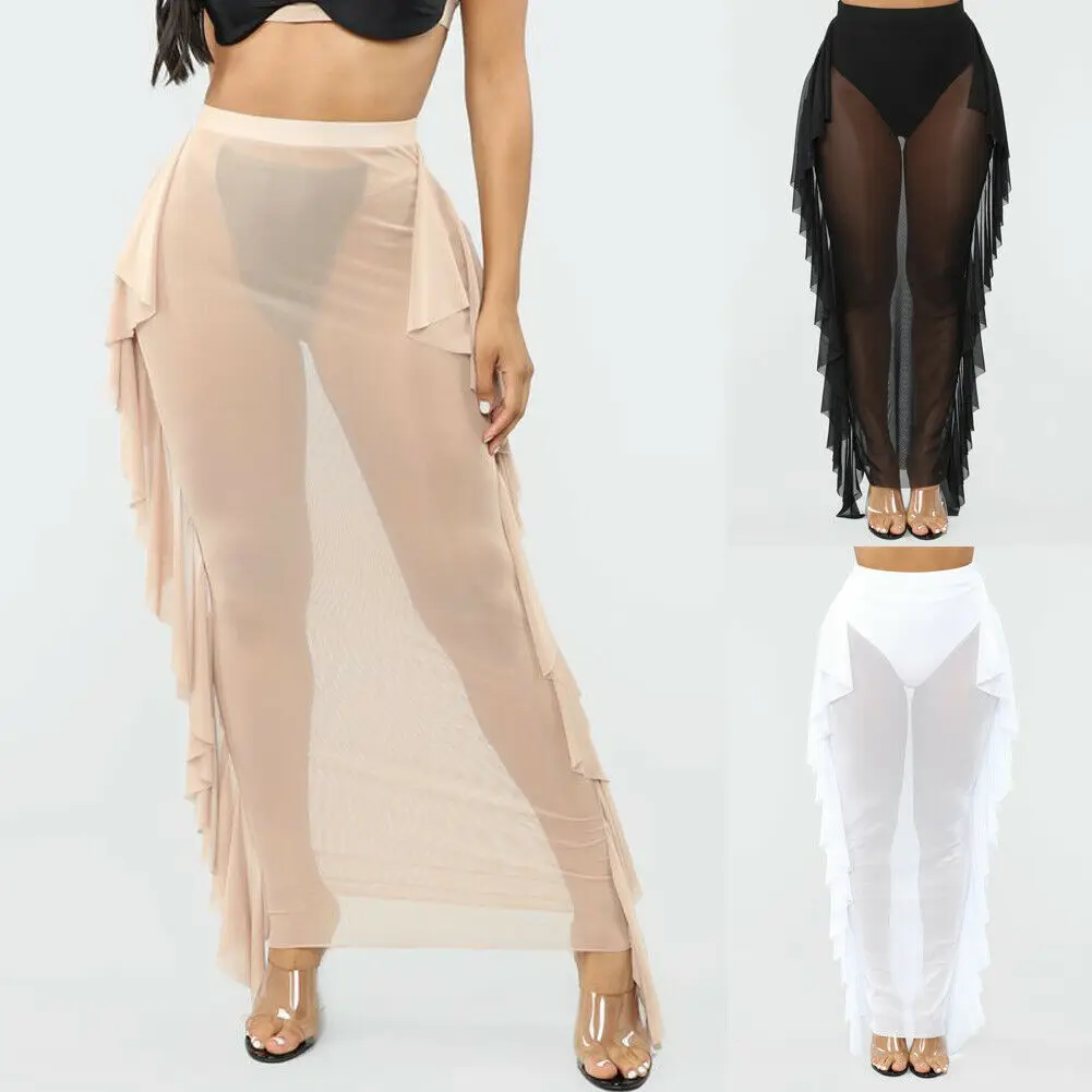 

Women Beach Mesh Sheer Loose Skirt Ladies Summer Beach See Through Long Maxi Skirt Flared Hight Waist Skirts
