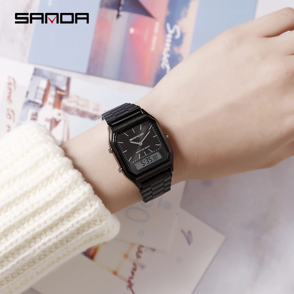 SANDA Top Luxury Men's Watches Men Waterproof Dual Display Quartz Watch Man Stainless Steel Wristwa