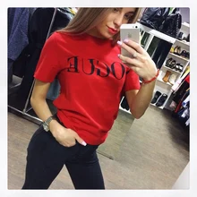 

2017 New Summer T-Shirt Women VOGUE High Cotton Fashion female Tshirt Red Letter Print Casual Short Sleeve femme t shirt
