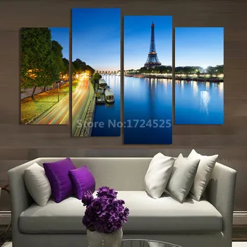 

Unframed 4 Pieces Home Decorative Wall Art Canvas Printed Canvas Painting Eiffel Tower Night Landscape Picture for Living Room