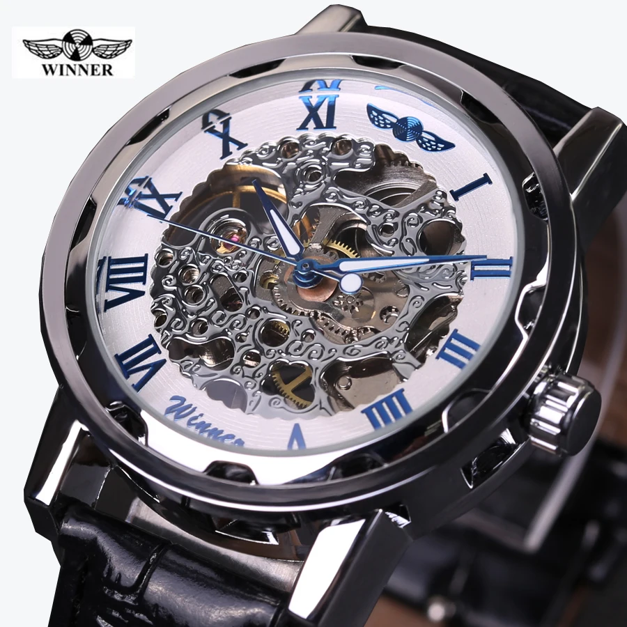 Prix pour 2016 GAGNANT creux mécanique main-vent hommes femmes montres classique sculpture squelette cadran en or véritable bracelet en cuir montre-bracelet Prix pour 2016 GAGNANT creux mécanique main-vent hommes femmes montres classique sculpture squelette cadran en or véritable bracelet en cuir montre-bracelet