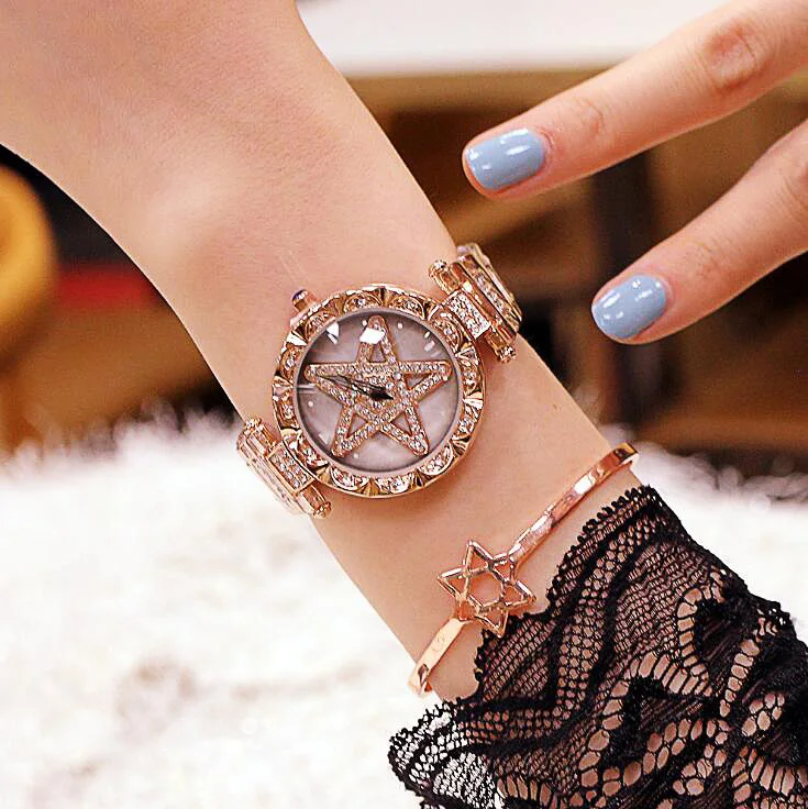 Для женщин Стразы часы леди вращения платье часы марки Циферблат Браслет для наручных часов с украшением в виде кристаллов Star часы пентаграмма Relogio Feminino
