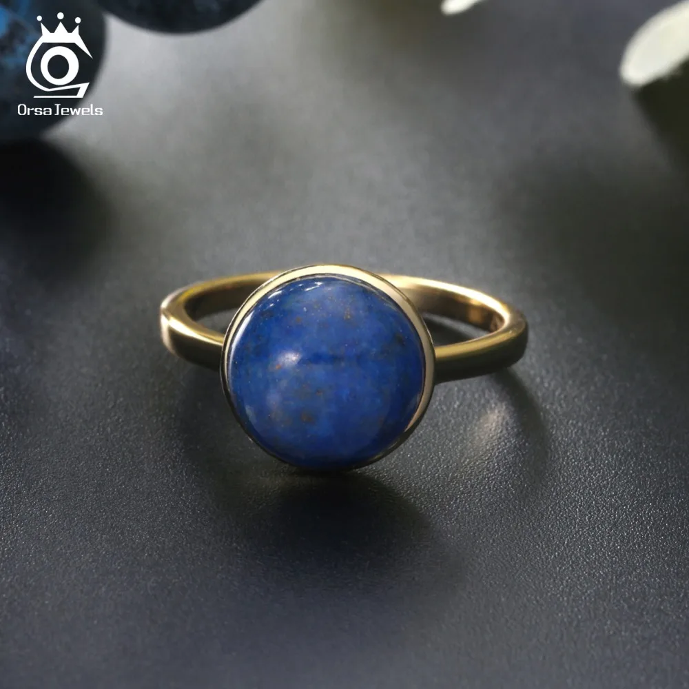 ORSA JEWELS Authentic 925 Sterling Silver Women Rings Simple Design Natural Lapis Lazuli Anniversary Ring Fashion Jewelry SR69-L