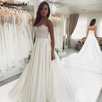 

Elegant Sweetheart Backless Lace Top Wedding Dress Satin Ivory Wedding Gowns vestido de noiva Bride Dress