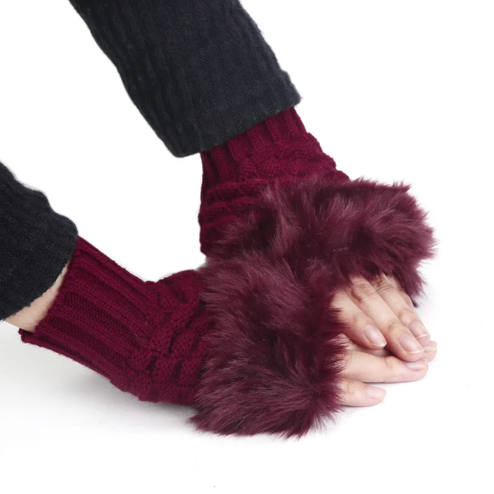 Роскошные брендовые вязаные перчатки для женщин с кроличьим мехом, перчатки без пальцев, женские теплые зимние варежки из искусственного меха, Luvas перчатки C10