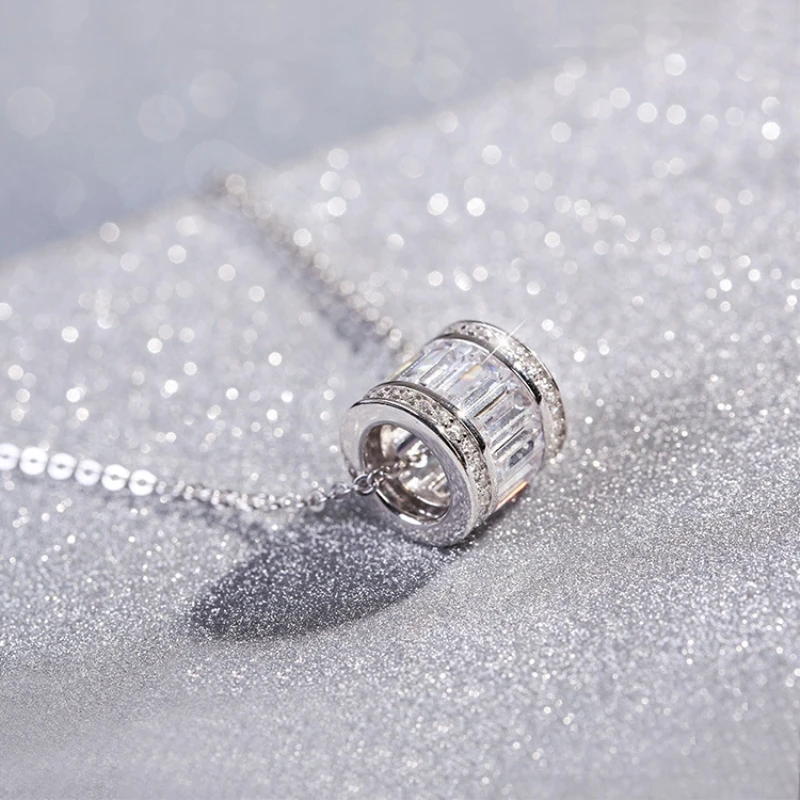 Temperament Cylinder Rhinestone Pendant Korean 925 Sterling Silver Personality Fashion Female Jewelry Necklace SNE018 | Украшения и