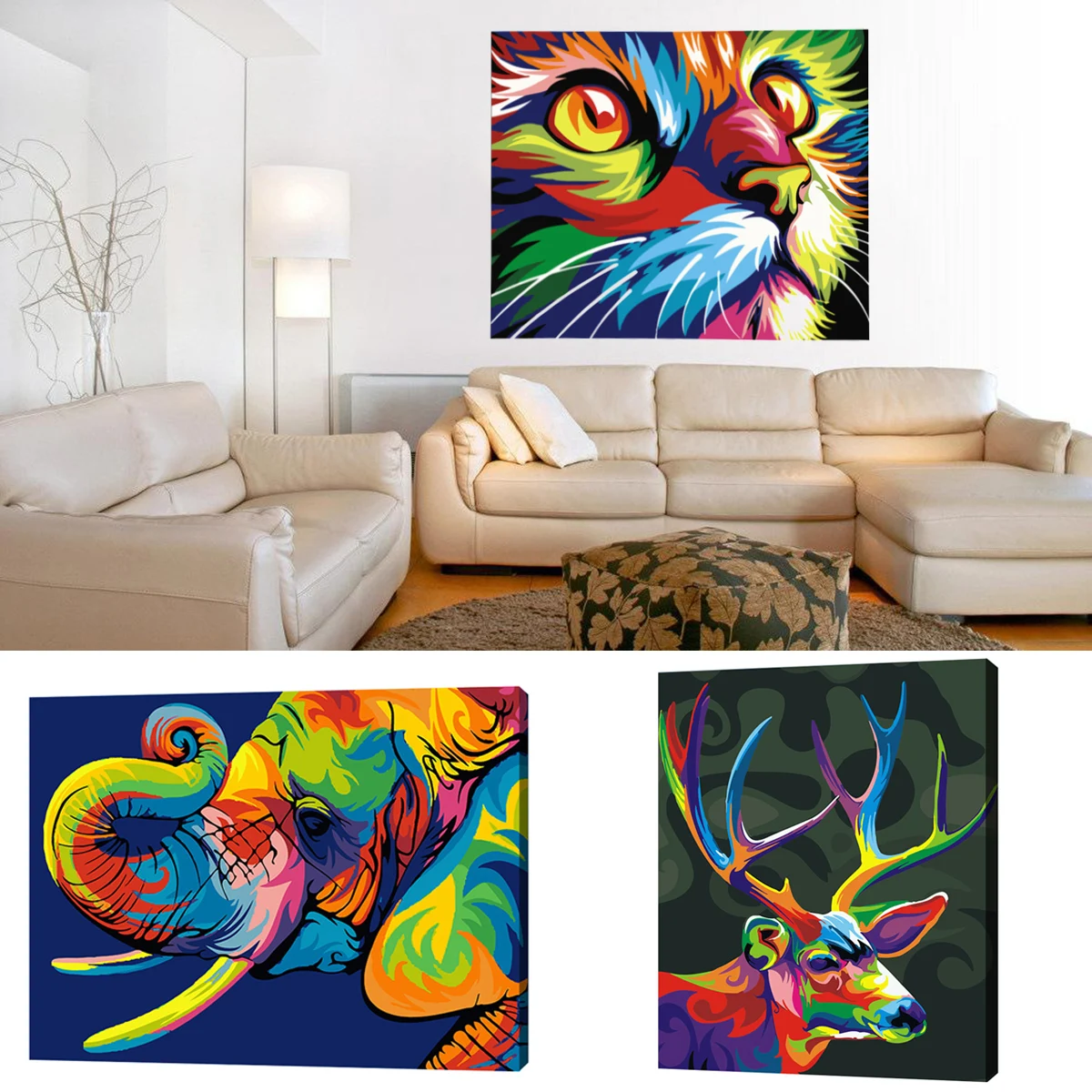 

1pc DIY Digital Acrylic Oil Painting Colorful Animals Cat Deer Elephant Paint By Number Kit Canvas With No Frame
