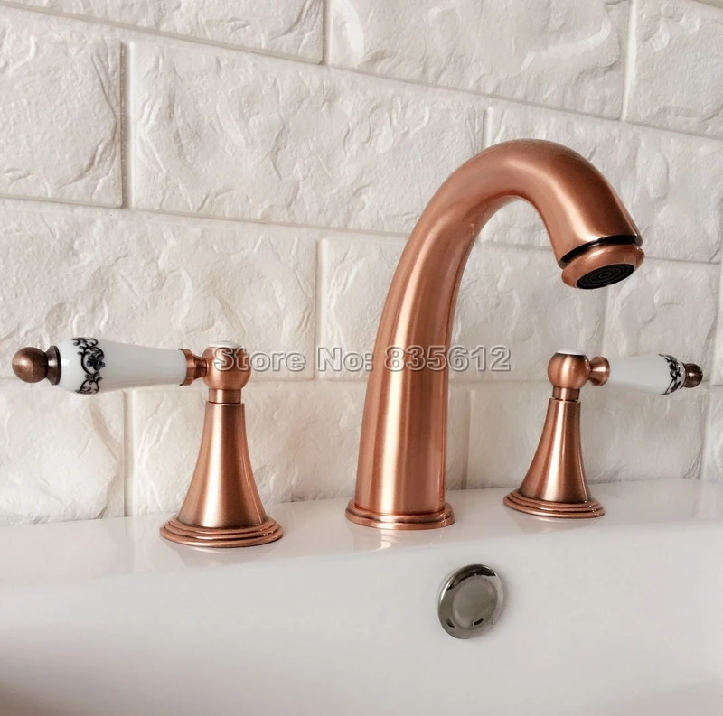 Deck Mount Antique Red Copper 3 hole Bathroom Basin Faucet Widespread