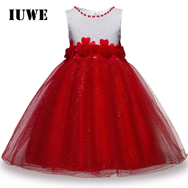 Baby Girl Dress Summer 2017 Formal Red Beading Flower Lace Ball Gown