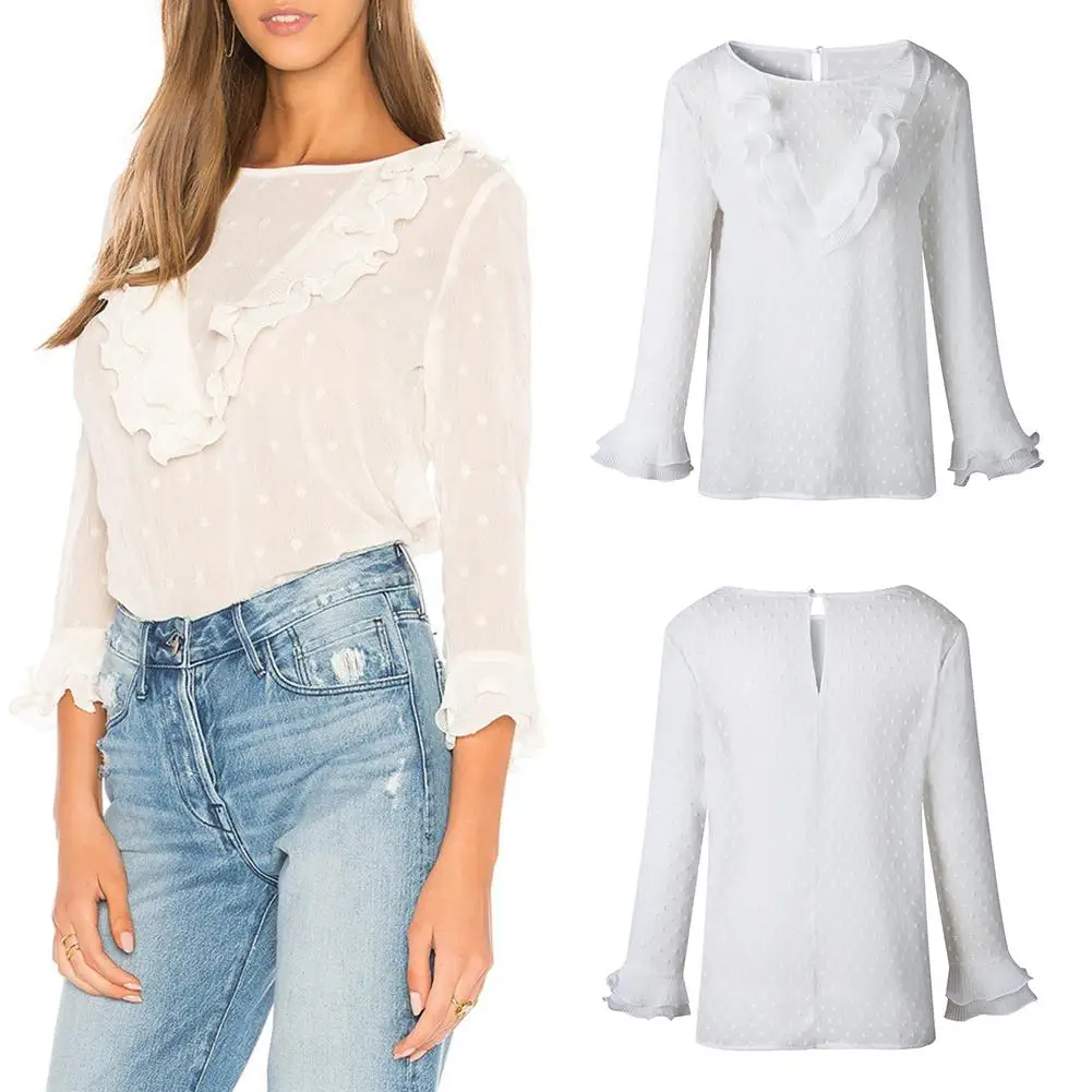 

Autumn Women Round Neck Blouse White Dot Shirt Casual Loose Back Button Ruffle Sleeve Blouse hot