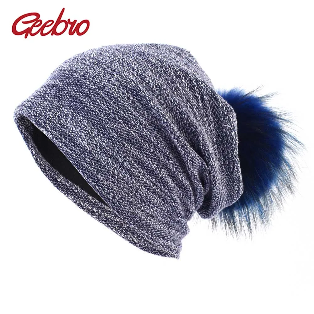 Geebro Женская громоздкая шапочка зимняя Трикотажная хлопковая шапочка с помпон из меха енота для женщин Skullies& Beanies с меховым шариком