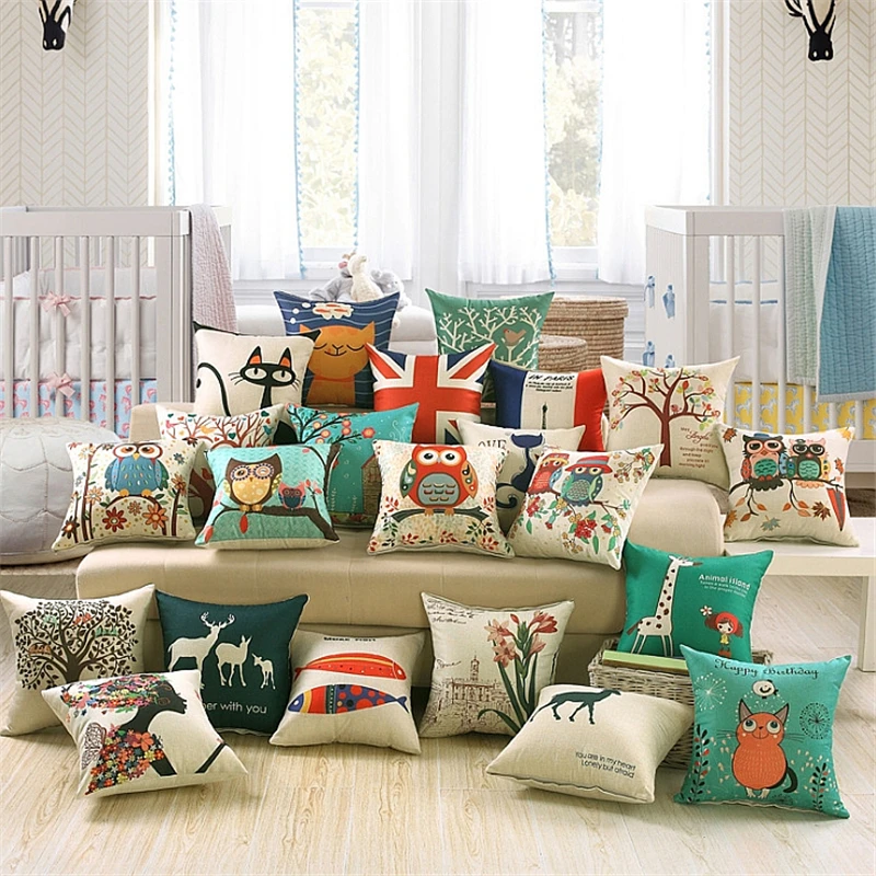 

Fashion Square Sofa Bed Linen Cotton Pillowcase Owl Cartoon Cat Printed Print Pattern Modern Pillow Seat Cushion