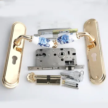 

Blue and white porcelain indoor panel handle lock golden bedroon bookroon kitchen solid wooden door lock modern fashion