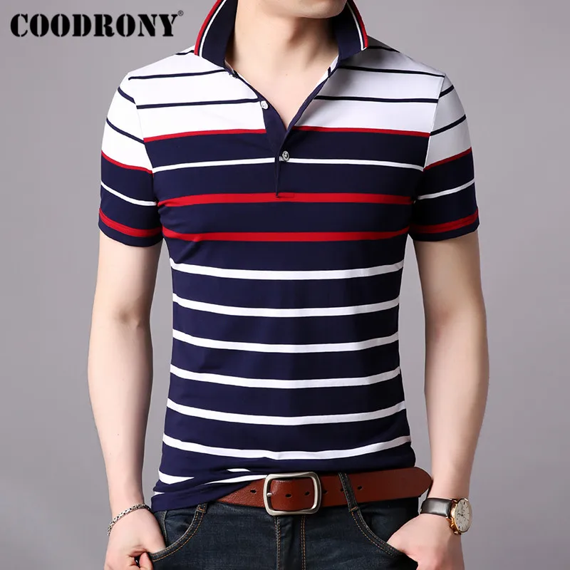 

COODRONY Striped Top T Shirt Men Business Casual Turn-down Collar Men's Shirt 2019 Spring Summer Short Sleeve T-shirt Men S95021