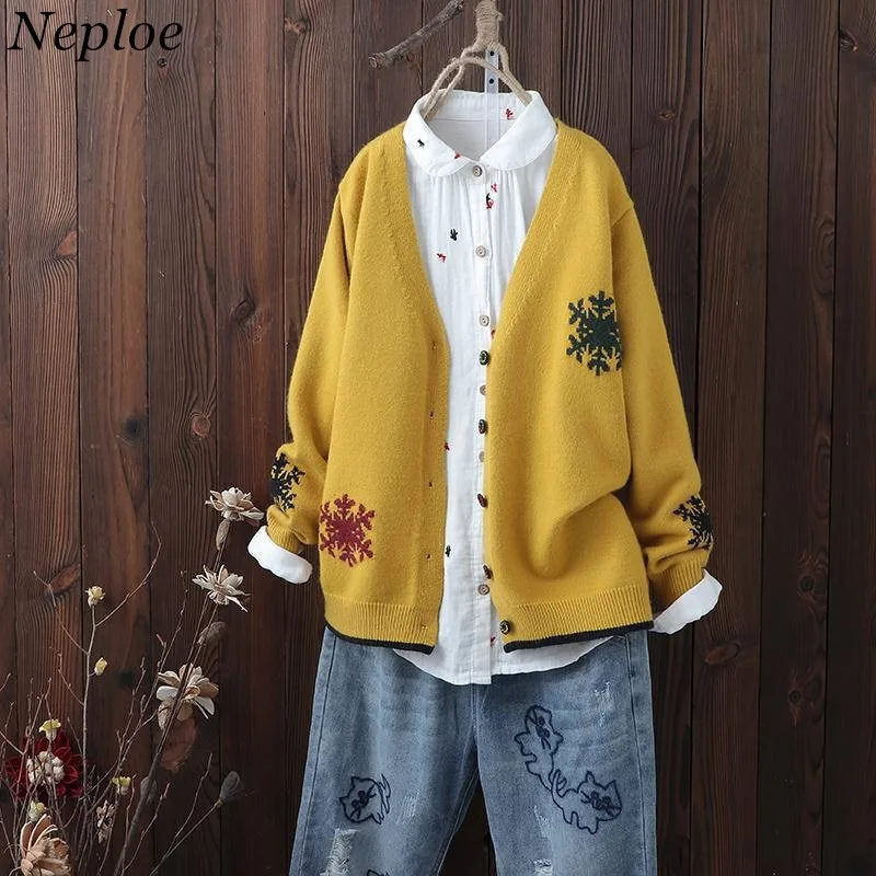 

Neploe Women Knit Cardigan Jacket Outwear Sweater for Ladies Embroidery Snowflake V Neck Elegant Cute Causal Loose Tops 37023
