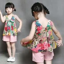 Летняя Детская Костюмы костюм для девочек с подтяжками Топы + короткие штаны Цветочный принт, шорты Детский комплект FJ88