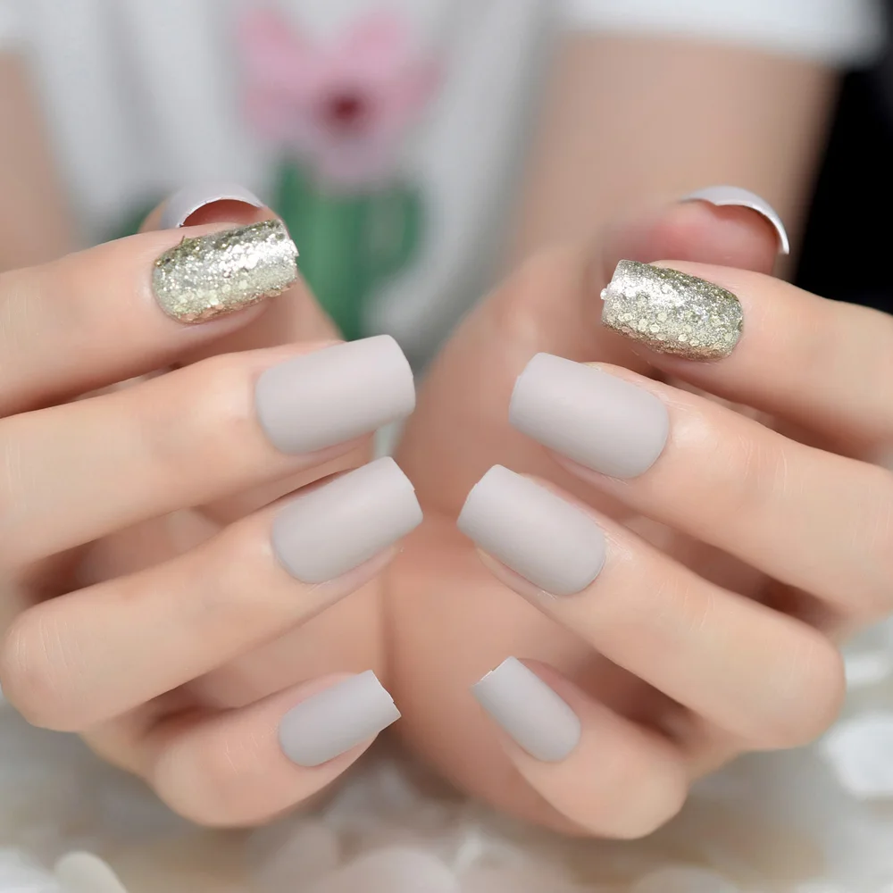 Light Gray Matte False Nails Medium Square French Acrylic ...