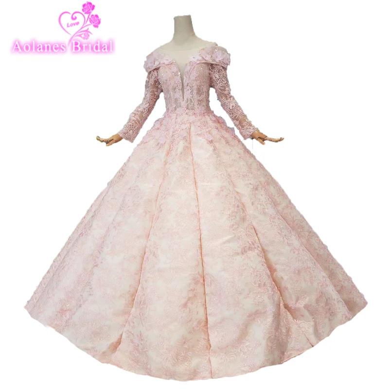 

Long Sleeves Sweetheart Ball Gown Wedding Dresses 2019 Pink Lace Appliques Flowers Vintage Waves Bride Gowns Vestido De Noiva