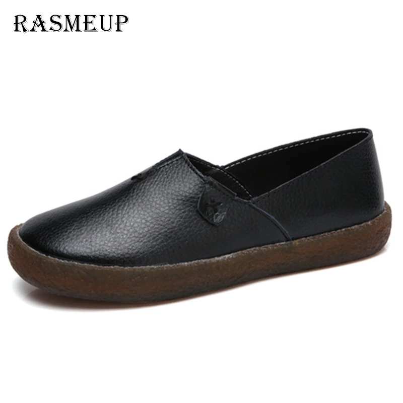 

RASMEUP Genuine Leather Women's Flat Shoes 2018 Spring Handmade Women Slip On Flats Woman Soft Comfortable Casual Mother Shoes