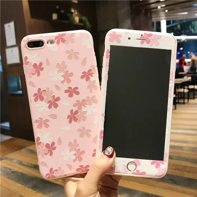 

Color Film For iphone 7 plus pink case For iPhone 8 /8 plus 7 /7Plus /6 6splus flowers Tempered Glass soft tpu screen protector