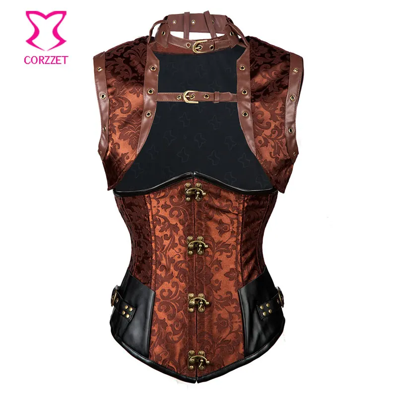 

Steampunk Underbust Corset With Jacket Burlesque Outfits Costume Sexy Brown Floral Brocade Leather Waist Trainer Corsets Bustier