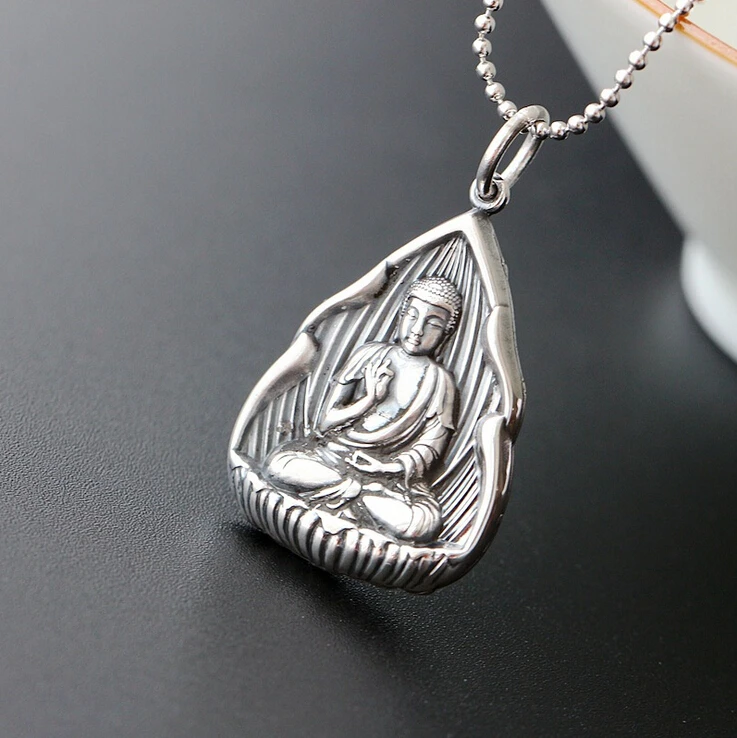 990 Sterling Silver Buddhism Buddha Lotus Mantra Charm Pendant A2772in