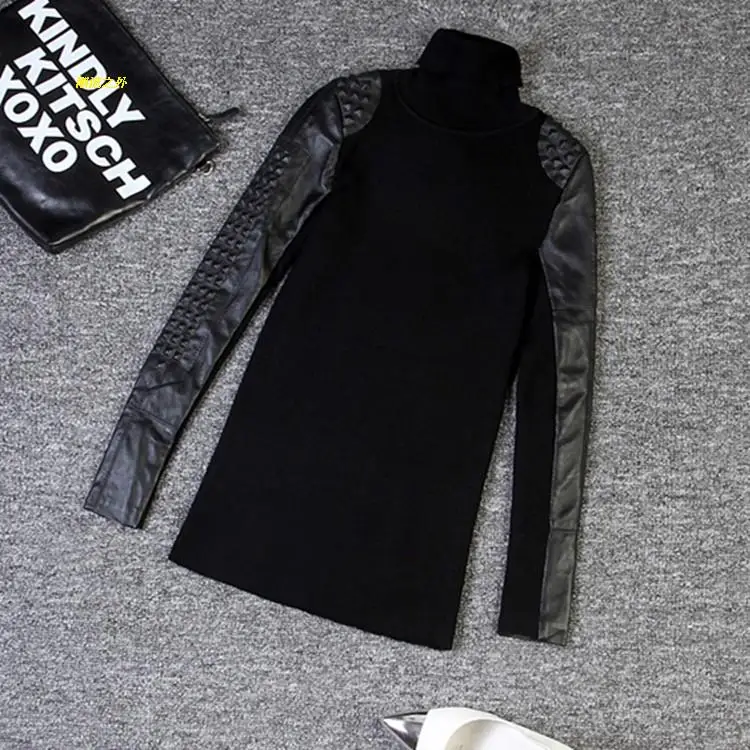 Женская Черная хлопковая Лоскутная кожаная одежда из овчины Базовая рубашка свитер рубашка - Цвет: black