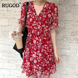 RUGOD 2018 новый цветочный принт красный v-образный вырез Высокая талия Buffterly короткий рукав женское летнее платье в пляжном винтажном