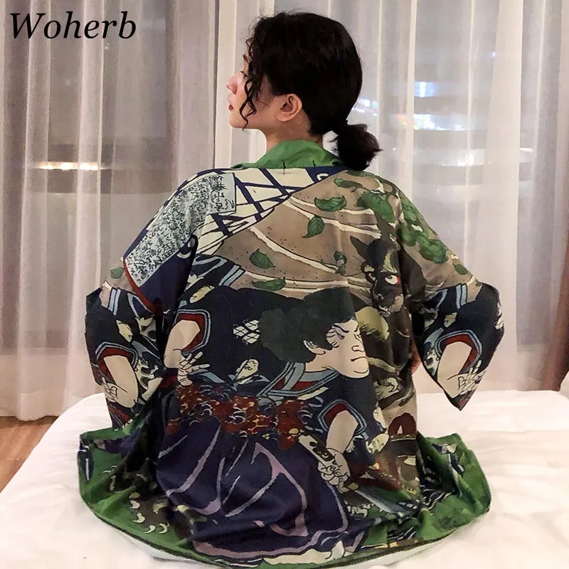 

Woherb 2019 Summer Japanese Harajuku Kimono Cardigan Women Printed Blouse Bathrobe Beach Wear Sun Protection Jacket 21113
