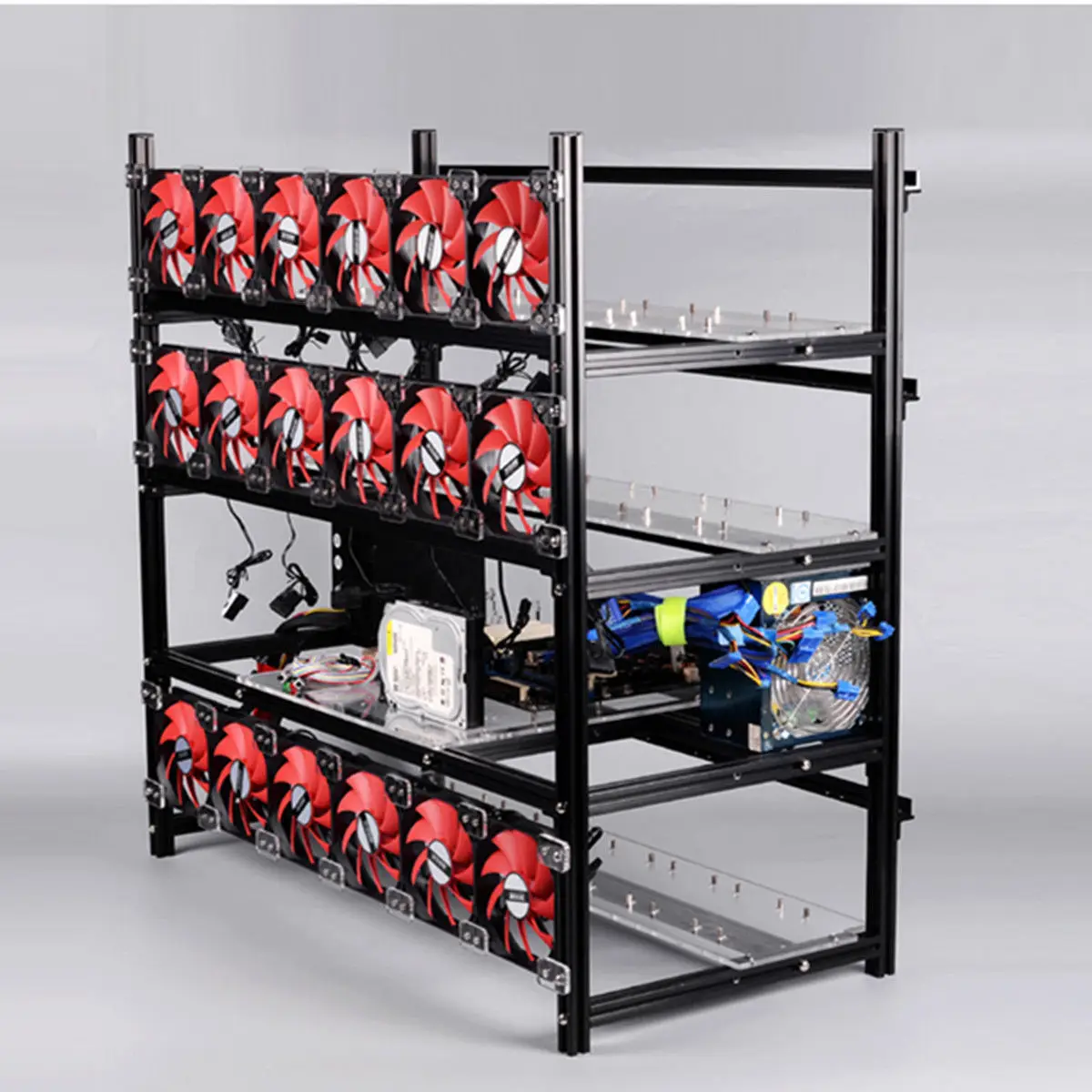 Silver Mining Rig Aluminum Stackable Case Open Air Frame ETH/ZEC/Bitcoin Hold 19 GPUs Supports 18 Fans