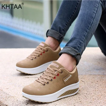

KHTAA Women Sneakers Breathable Waterproof Wedges Platform Ladies Vulcanize Shoes Lace Up Casual Low Heels Drop Shopping 2019
